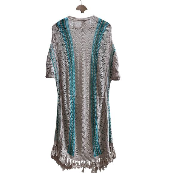 Chico’s Linen Open Crochet Fringe Hem Waist Tie Longline Cardigan Large Boho - Picture 4 of 10